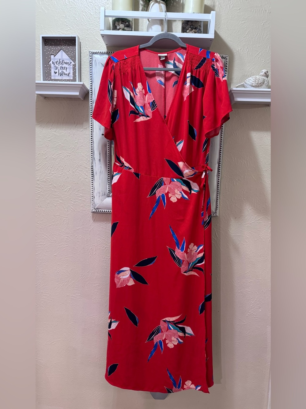 a new day Red Floral Wrap Maxi Dress Sz L